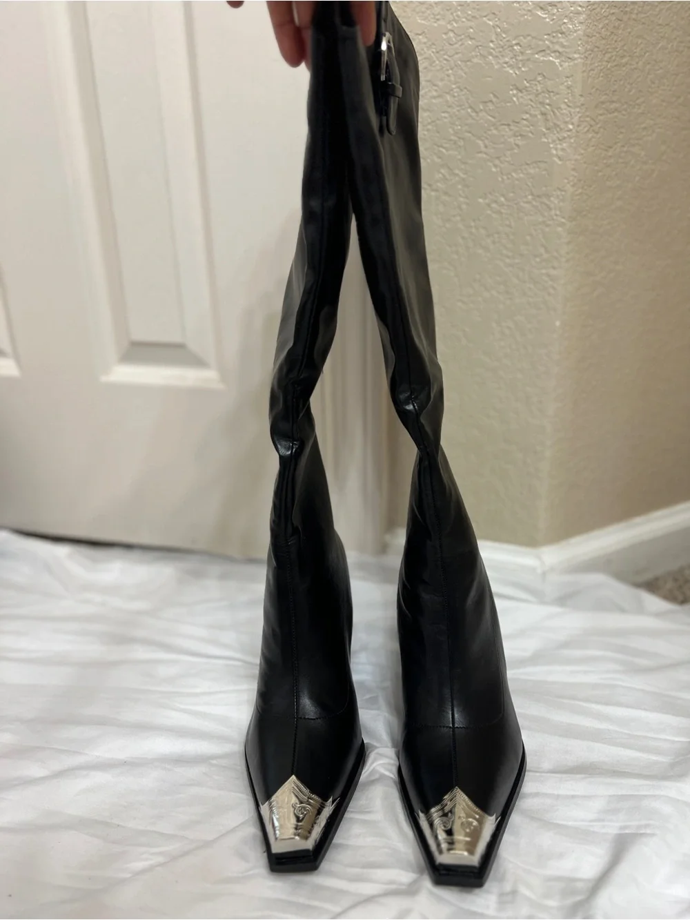 Fashion Nova Smokey Black Knee High Cowboy Boots Western Silver Toe Cap Size 8